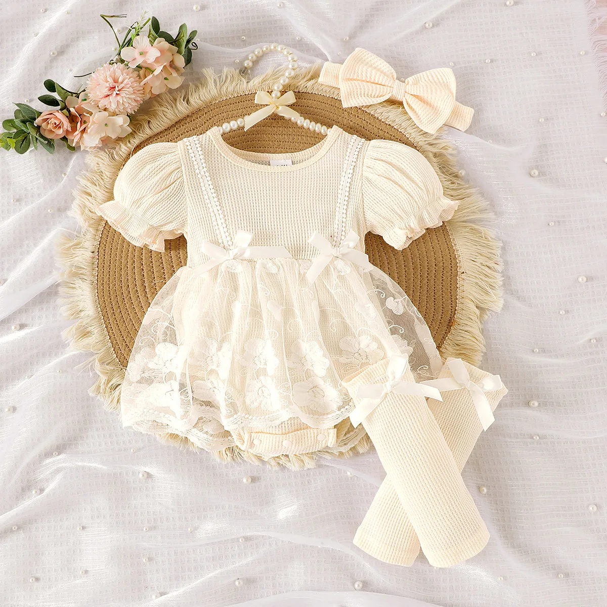 Childrens Clothing Amazon Cross Border Fashion European Children American Kids Beige Short Sleeve Mesh Romper for Girls Summer