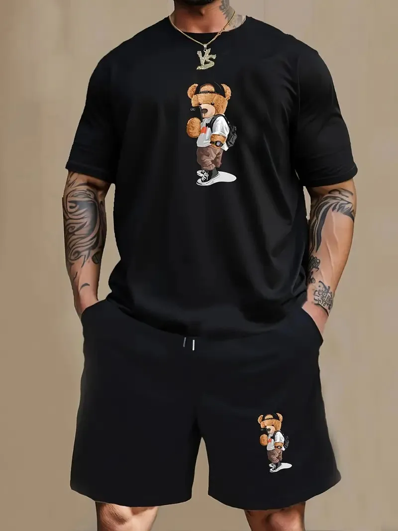 2024 New Men\'s Summer Fashion Cartoon Bear Print Knit Shirt And Woven Shorts Suit Casual Daily Light Luxury Design Clothing