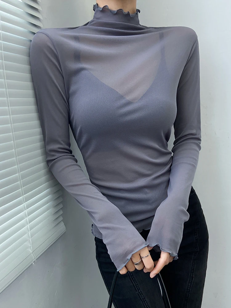 

Autumn Fashion Black Mesh Women T-Shirts See-Through Turtleneck Tshirt Sexy Slim Tops Long Sleeve Streetwear Bottoming Thin Tees