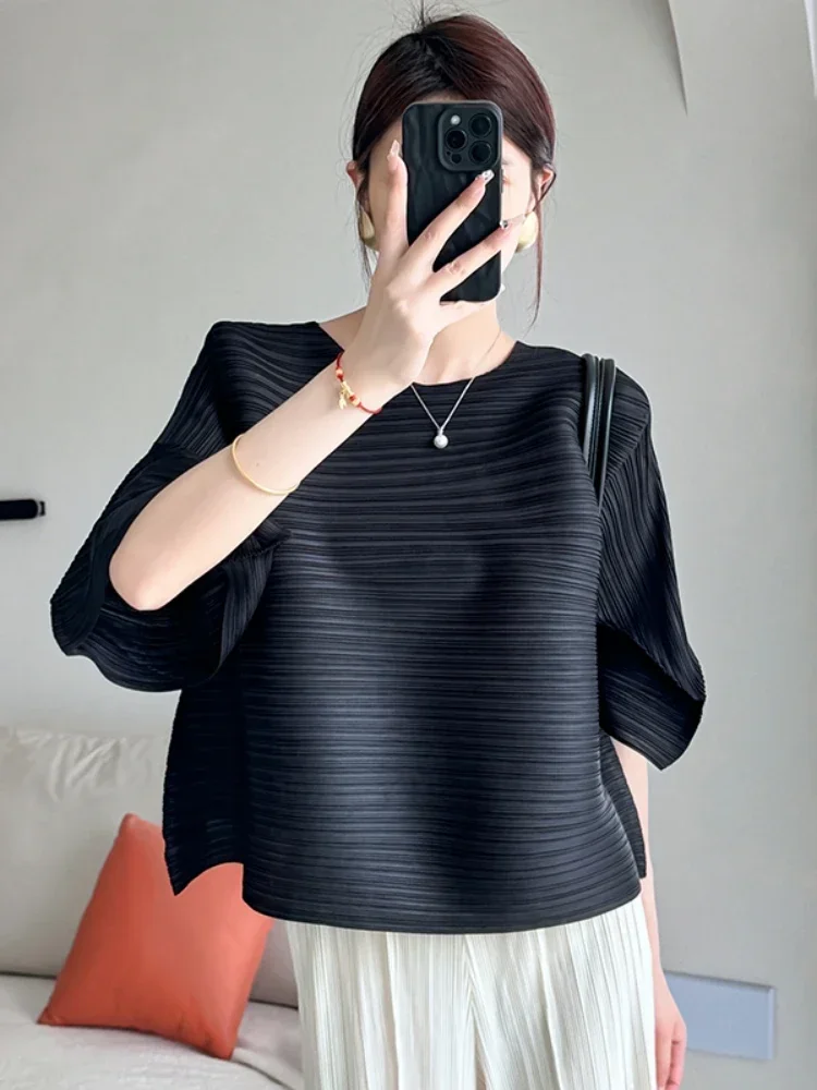 Chic Design Pleated Versatile Simple Solid Women Tops 2024 Summer Stretchy Flare Sleeve Loose Fashion Blouse Shirt Women Causal