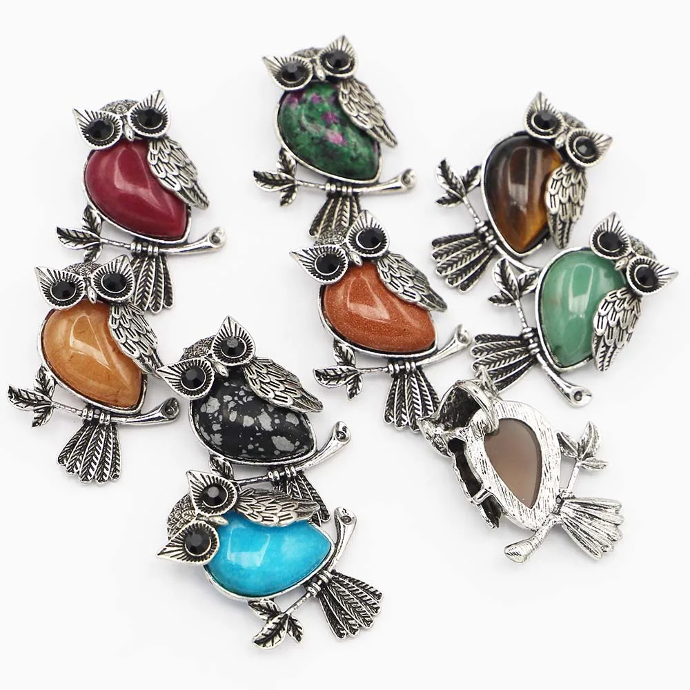 Fashion Natural Stone Vintage Copper Plated Owl Necklace Pendants Cute Onyx Opal For Jewelry Making Wholesale 8Pcs Free Shipping