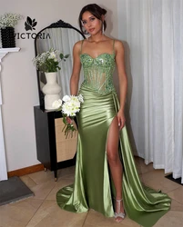 Light Green High Split Beaded Spaghetti Mermaid Prom Dresses For Black Girls Luxury Evening Dress Luxury Wedding Customized