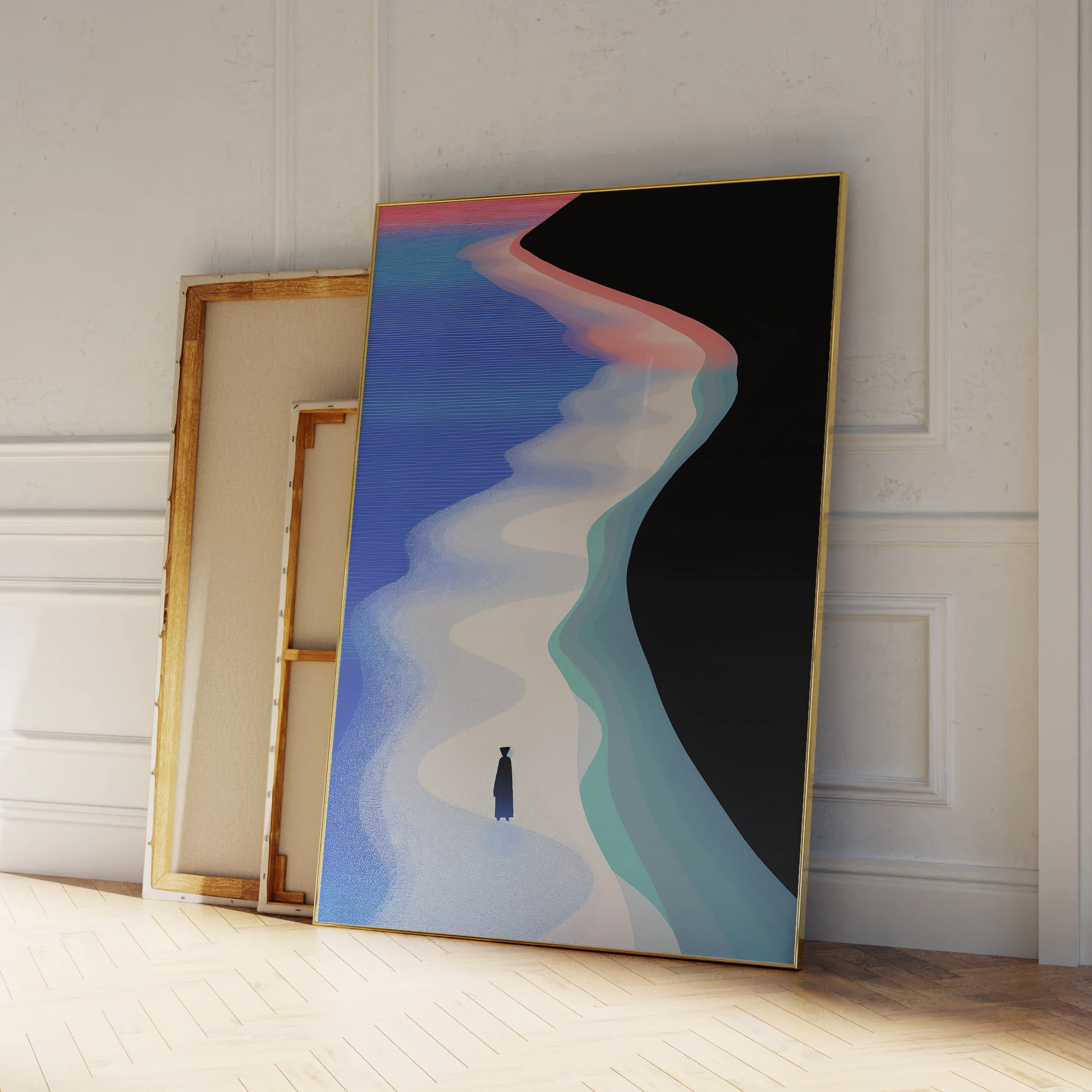 

Modern Trendy Blue Abstract Beach Lonely Person Wall Art Prints Canvas Painting Poster Picture For Living Room Home Decor