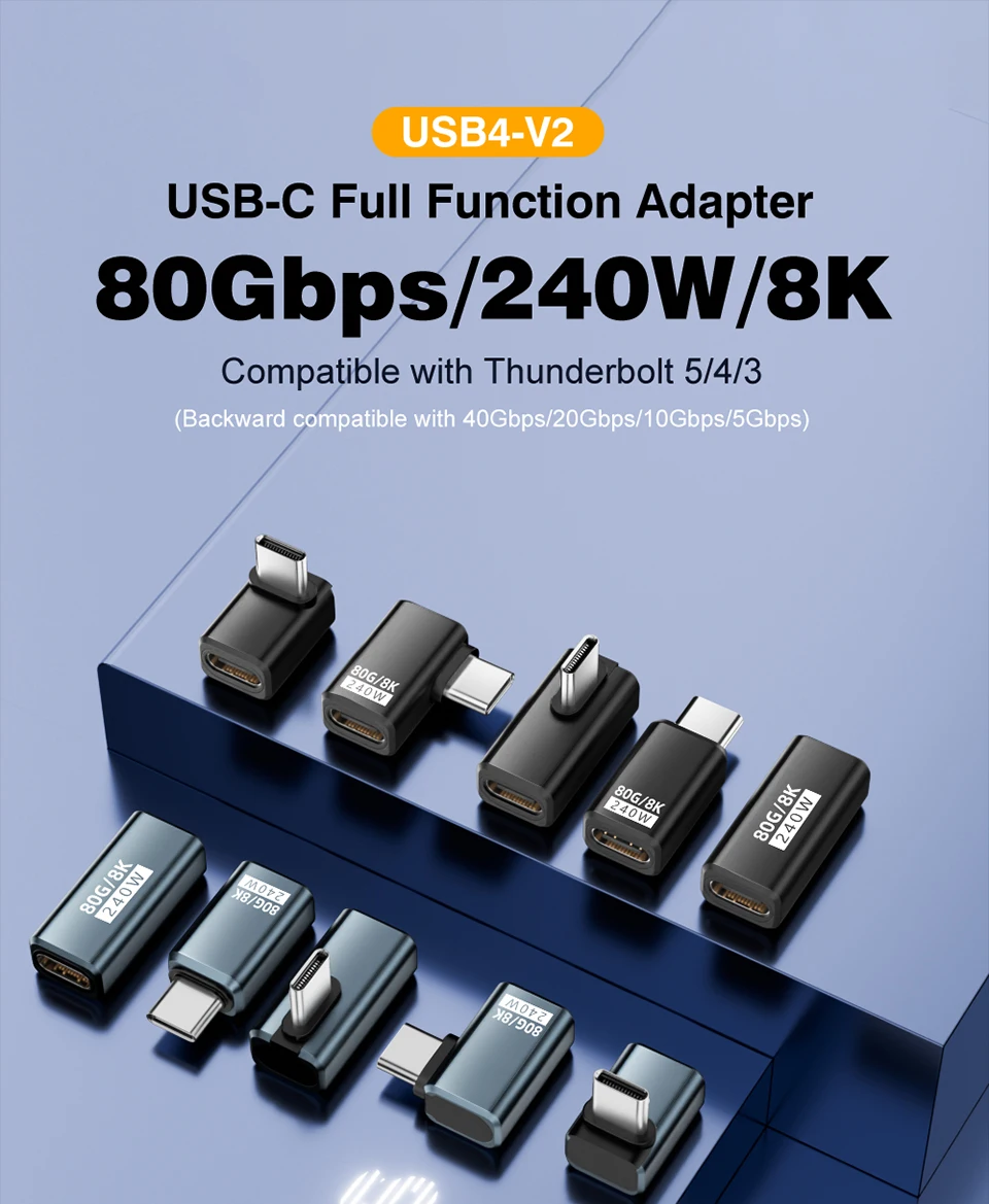 USB4 V2 90-Grad-Typ-C-Winkeladapter 80 Gbit/s Thunderbolt 5 4 3 Winkeladapter 240 W USB-C-Kabelstecker 40 Gbit/s für MacBook Air – Detail 1