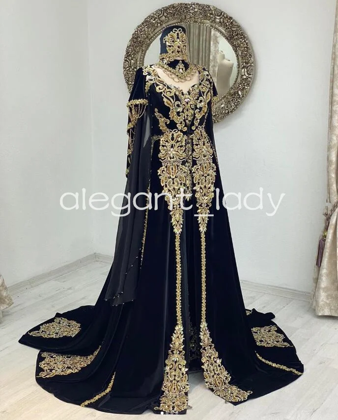 Black Velvet Caftan mariage Evening Formal Dresses with Cape Two Pieces Lace Applique Henna Moroccan Prom Gown Outfit