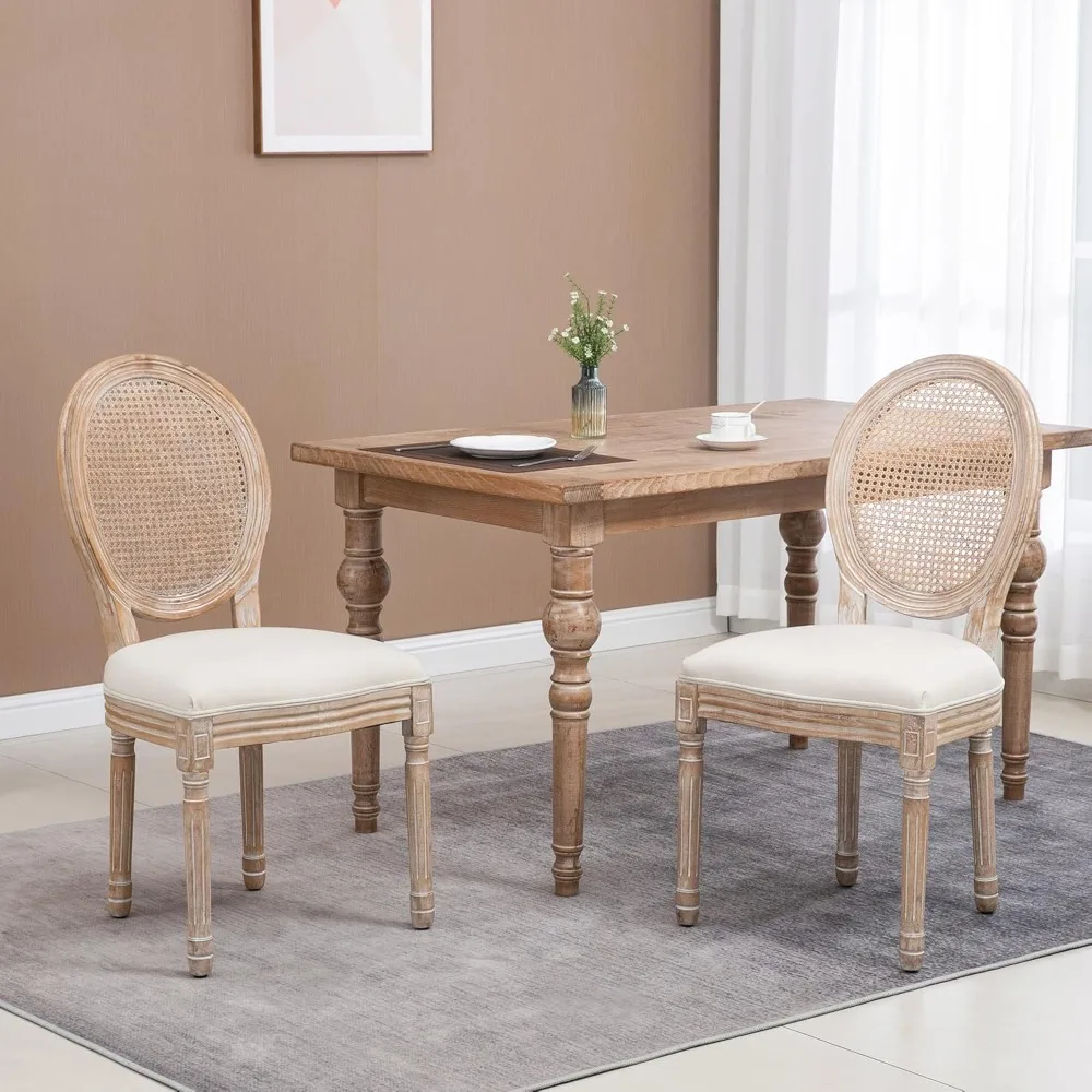 French-Style Upholstered Dining Chair Set, Armless Accent Side Chairs with Rattan Backrest and Linen-Touch Upholstery