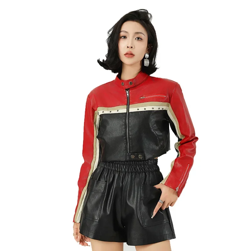 New Spring Autumn Women Fashion Punk Biker Core Color Block Zipper Studded Detail Crop PU Leather Jacket Y2K Short Outerwear