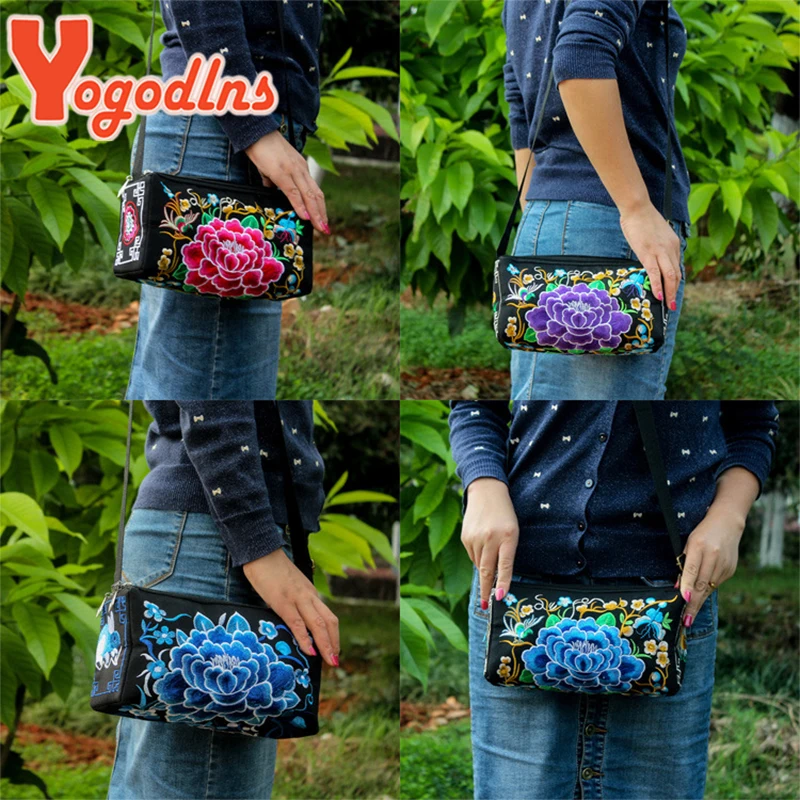 Yogodlns Retro Women Shoulder Bag Multi Floral Embroidery Bohemia Ethnic Retro Coin Purse Handbags Canvas Small Messenger Bag