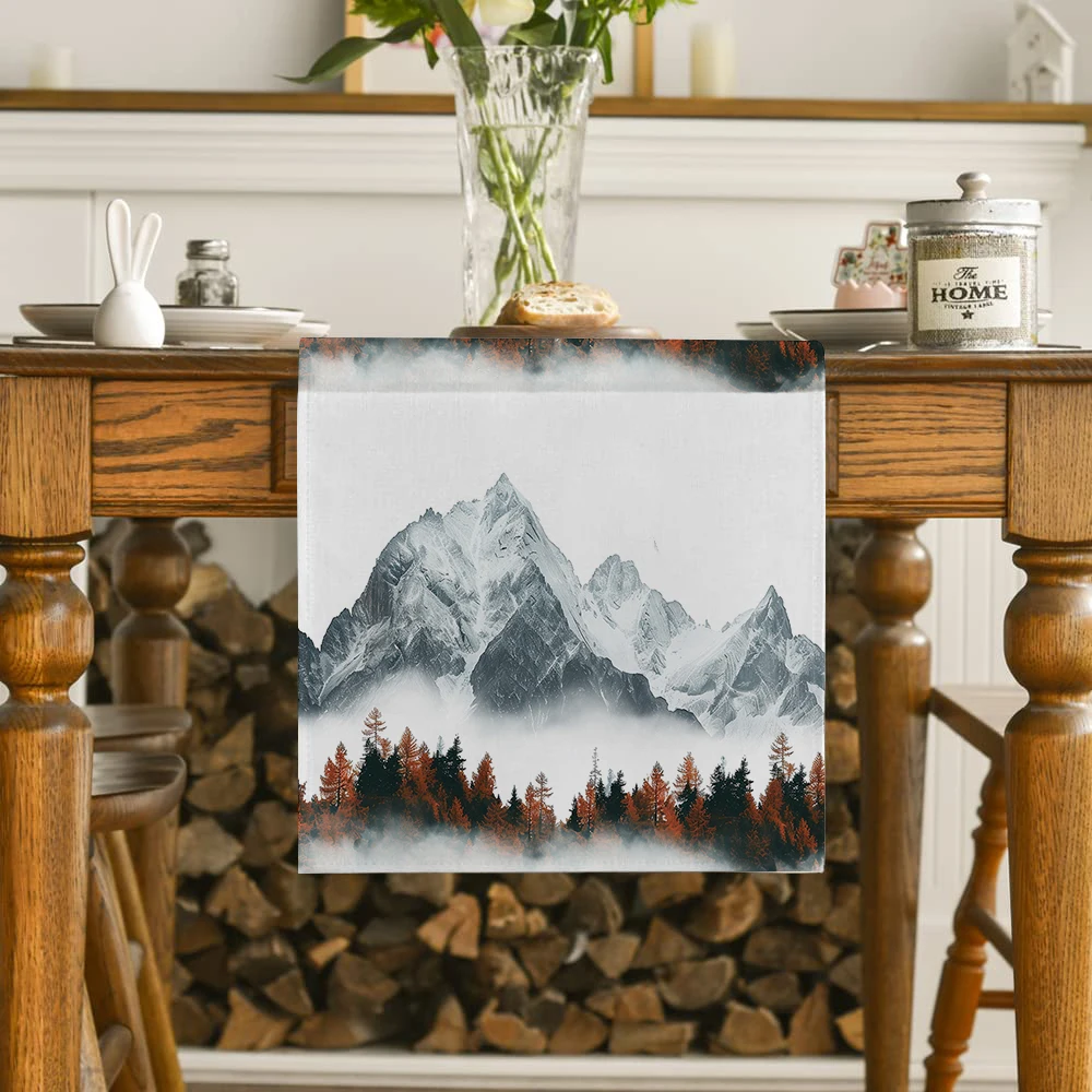 Autumn Forest Mountains Snow Mountains Table Runner Home Wedding Centerpieces Decoration Party Table Runners Dining Long Cloth