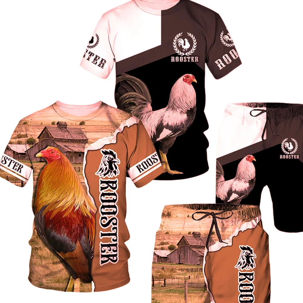 

Спортивный костюм с 3D-принтом петуха: мужская модная футболка + шорты, комплект из 2 предметов, для активного отдыха, детская одежда