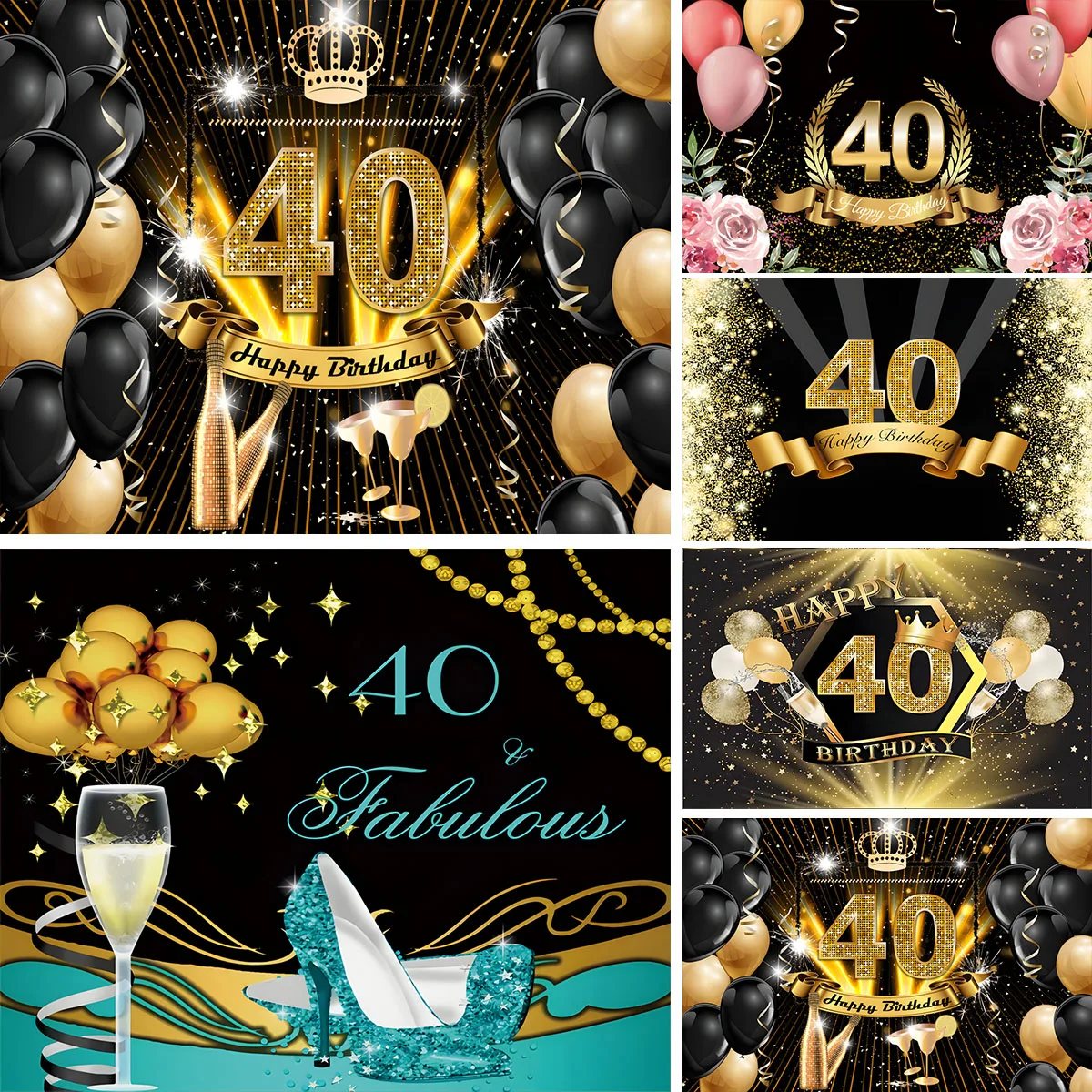 Black 40th Backdrop Gold Balloon Men Women 40 Years Old Birthday Party Photography Background For Photo Studio Supplies Banner