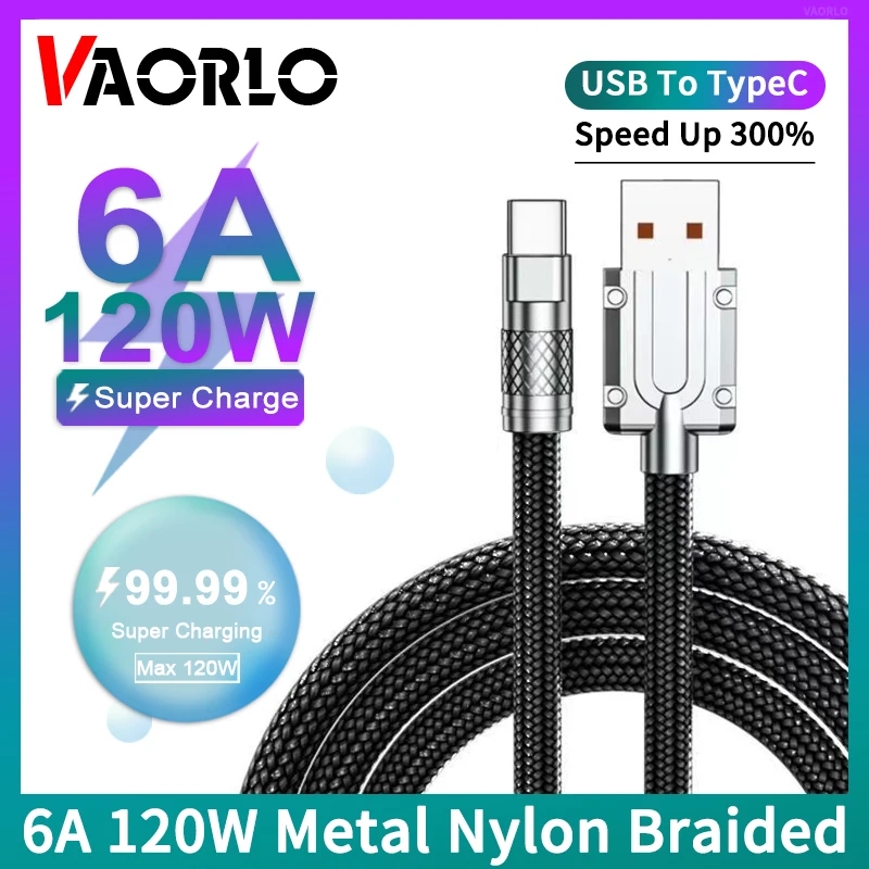 كابل شحن سريع للغاية 6A 120 وات نايلون معدني مضفر USB إلى خط شاحن TypeC يدعم سرعة نقل البيانات 300% شحن