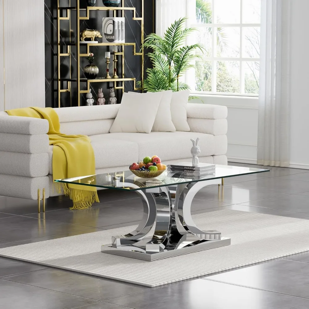 Glass Coffee Table with Gold 4C Stainless Steel Metal Leg, Rectangular Clear Tempered Glass Center Stainless Steel Tea Table