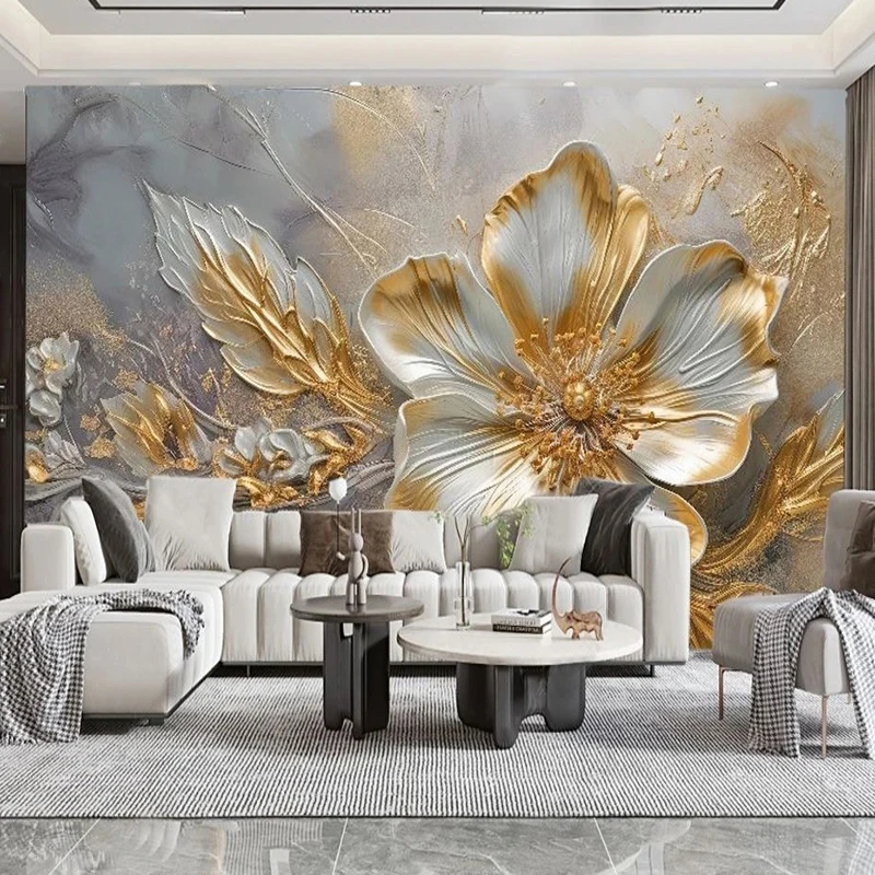 

3D Wallpaper Modern Light Luxury 3D Gold Flower Art Mural Living Room Bedroom Sofa TV Home Decor Wall Painting Papel De Parede