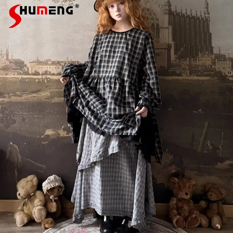 

Spring Vintage Sweet Lace Trim Checkered Dress Female Side Split Loose Long Sleeves Casual Fashion Plaid Daily Outfit Dresses
