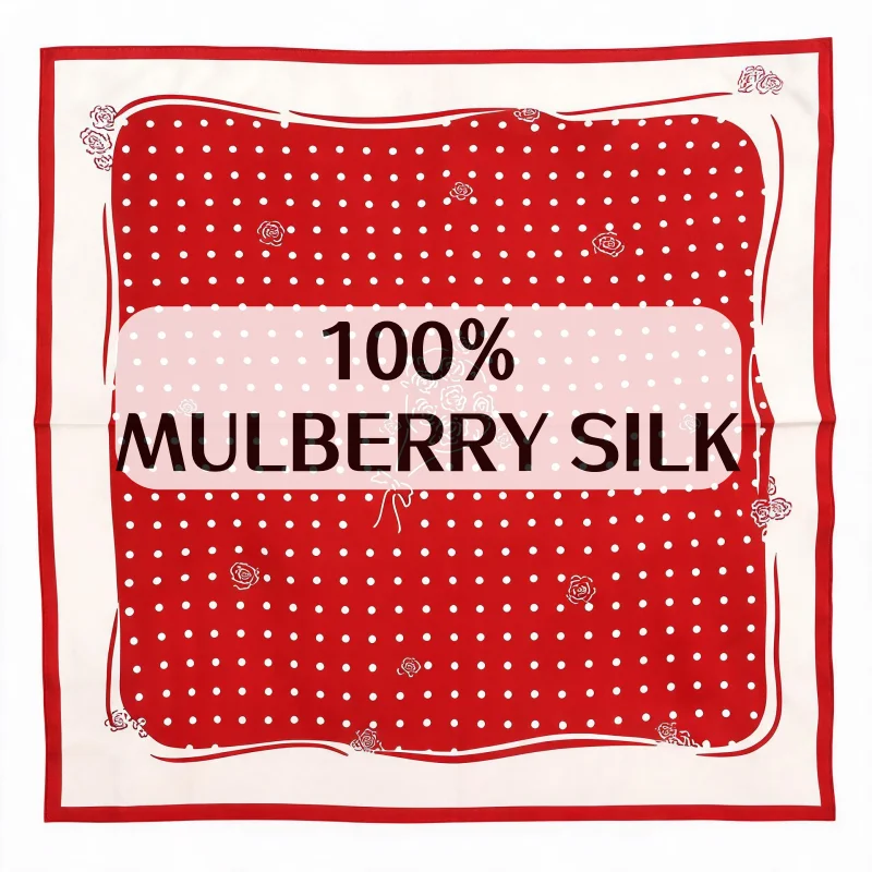 

100% MULBERRY SILK 70x70cm Vintage Red Polka Dot Rose Square Scarf French Style Neck Head Bandana Romantic Women Holiday Gift