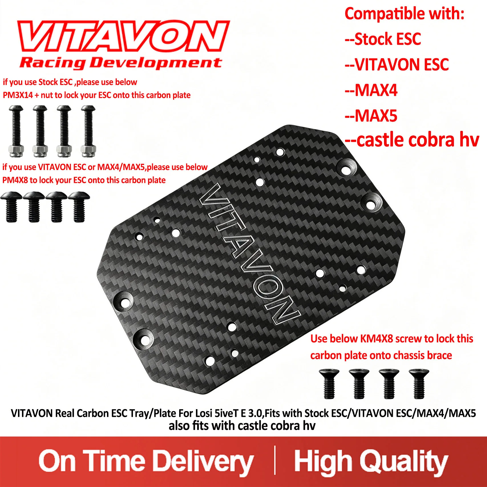 VITAVON Real Carbon ESC Tray/Plate For Losi 5iveT E 3.0 Fits with Stock ESC/VITAVON ESC/MAX4/MAX5/Castle Cobra hv