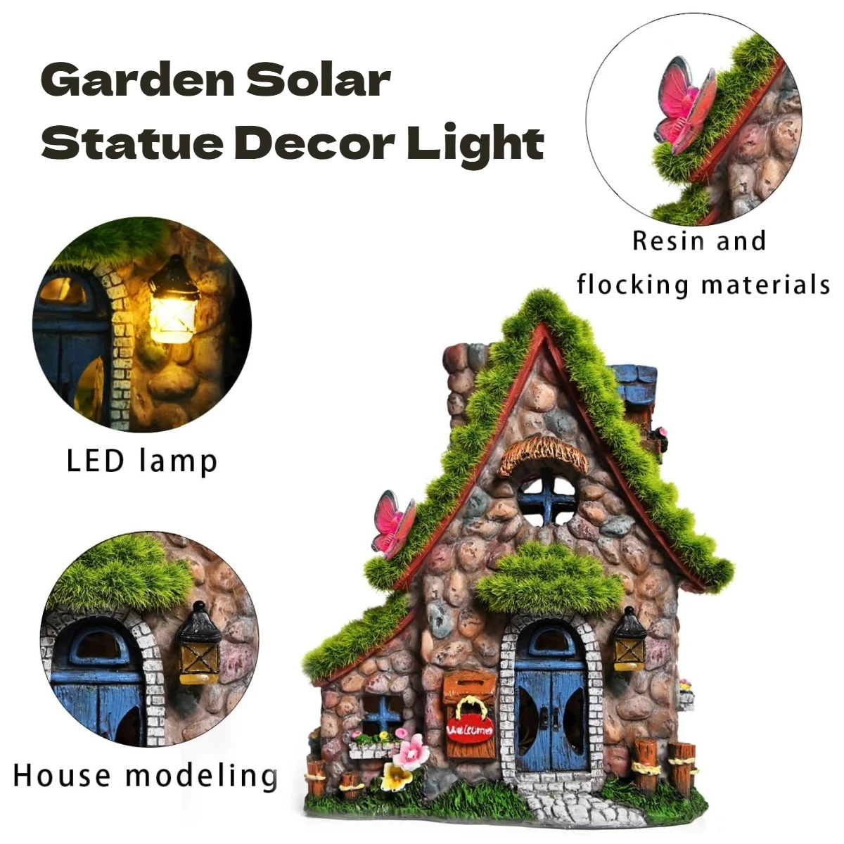 Outdoor Garden Solar Statue Light, Resin Fairy Flocked House Statues with Solar Powered Lights, Funny Garden Sculptures with Flocked and Cobblestone Decor Light, for Patio Lawn Yard Patio Home Decor