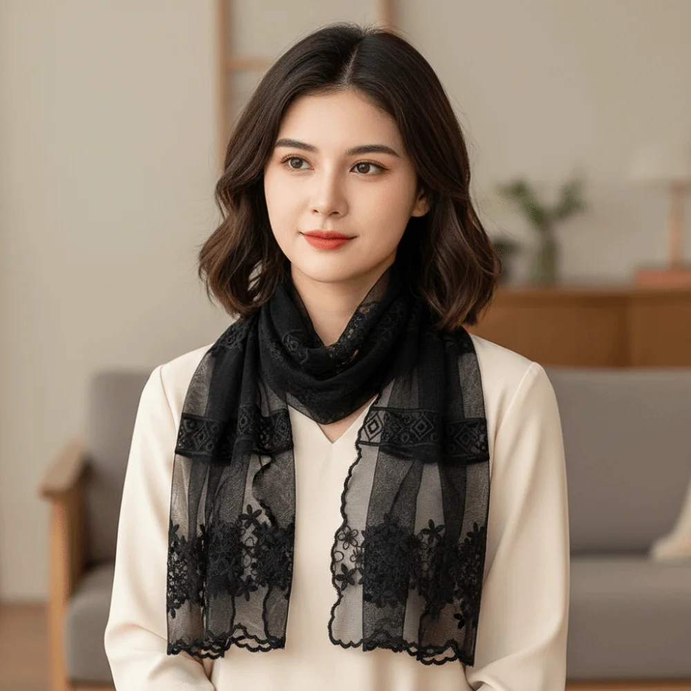 

Sweet Ribbon Embroidery Lace Scarf Printed Thin Long Scarves Neckerchief Multifunction Flower Scarf Spring Summer
