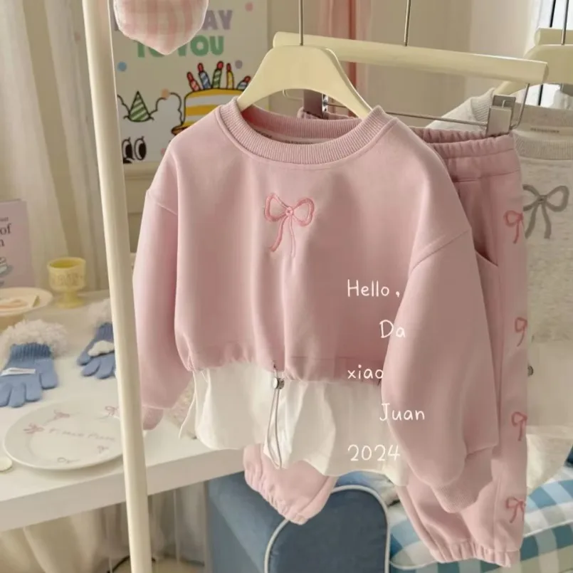 

New Childrens Sets Girl Sweater Spring Fashionable Children Motion Bow Long Sleeves 2024 Spring Autumn Sweet Round Collar