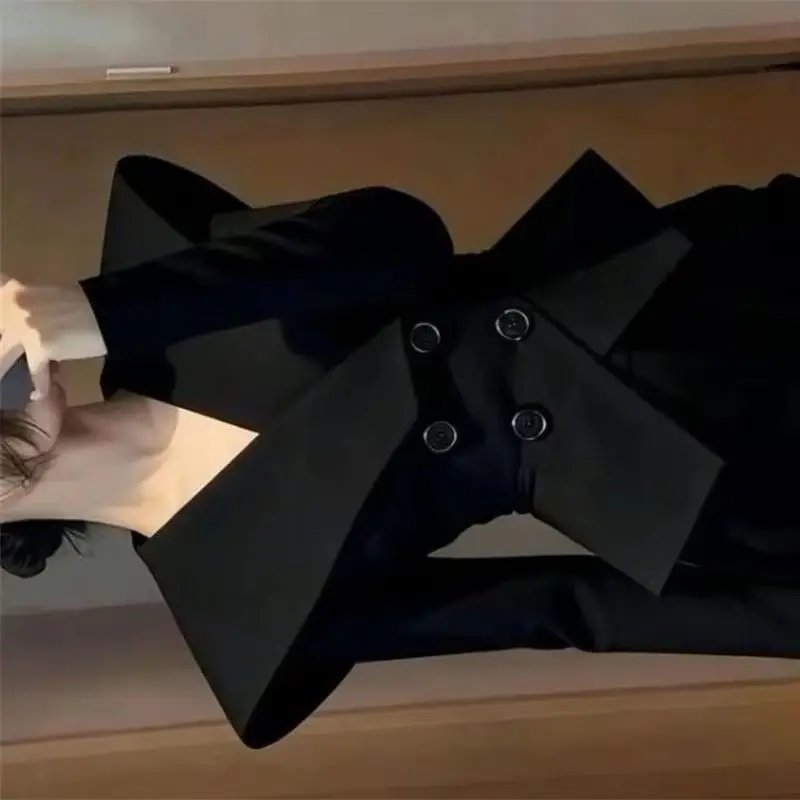 

2026 весенне-осеннее женское пальто, красивая черная двубортная куртка с талией, короткая верхняя одежда для важных случаев, женский топ