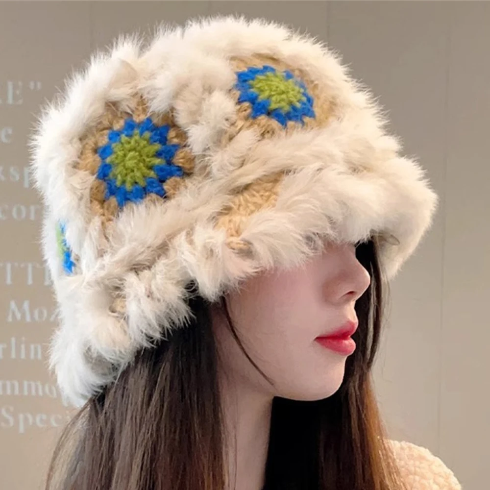 

Autumn Winter Rabbit Fur Hats Lion Awakening Female Cute Hat Furry Versatile Fisherman's Hat Plush Warm Caps For Women Cap