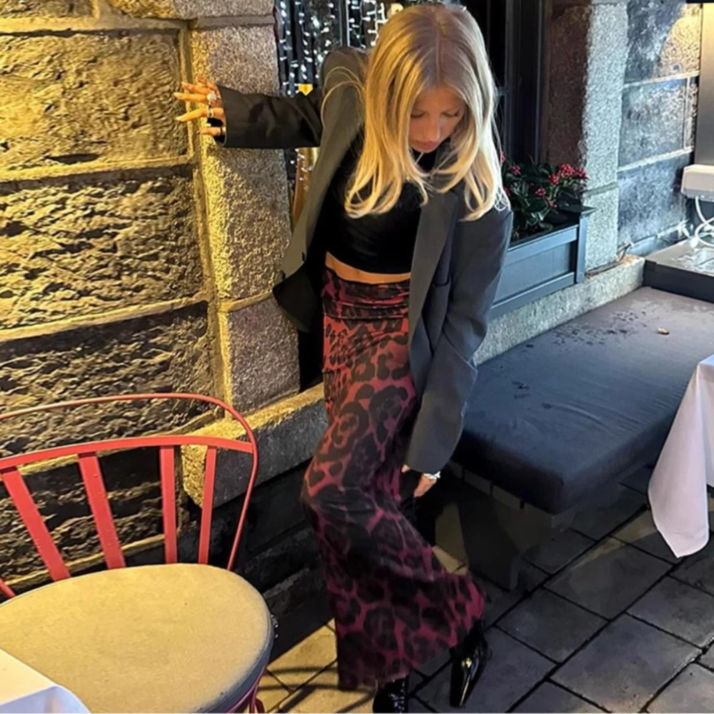 Sexy Retro Mode Damenkleidung Rot-Schwarzer Leoparden-Print Maxirock - Hochgeschnittener Bodycon Slim Fit Langer Rock Frühling Herbst