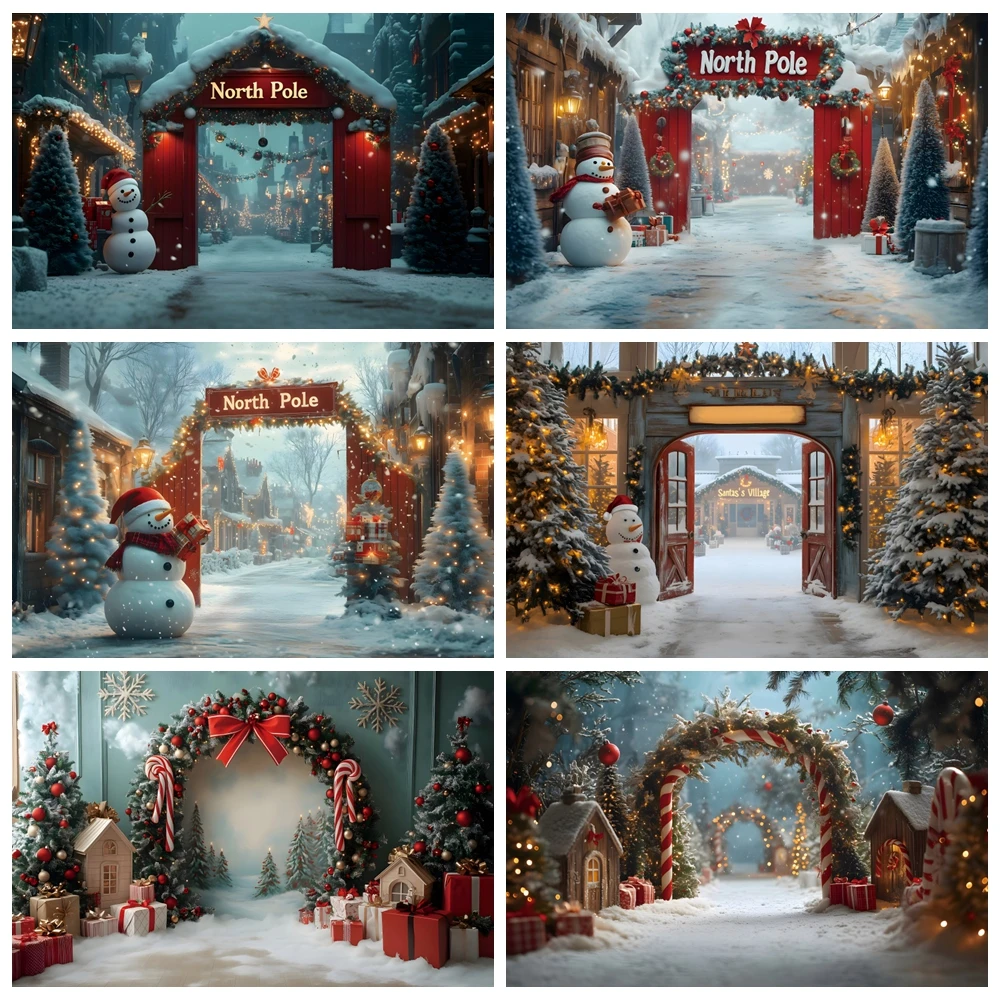 

Winter Christmas Backdrop North Pole Town Red Wooden Door Xmas Tree Snowman Kids Family Christmas Photography Background Decor