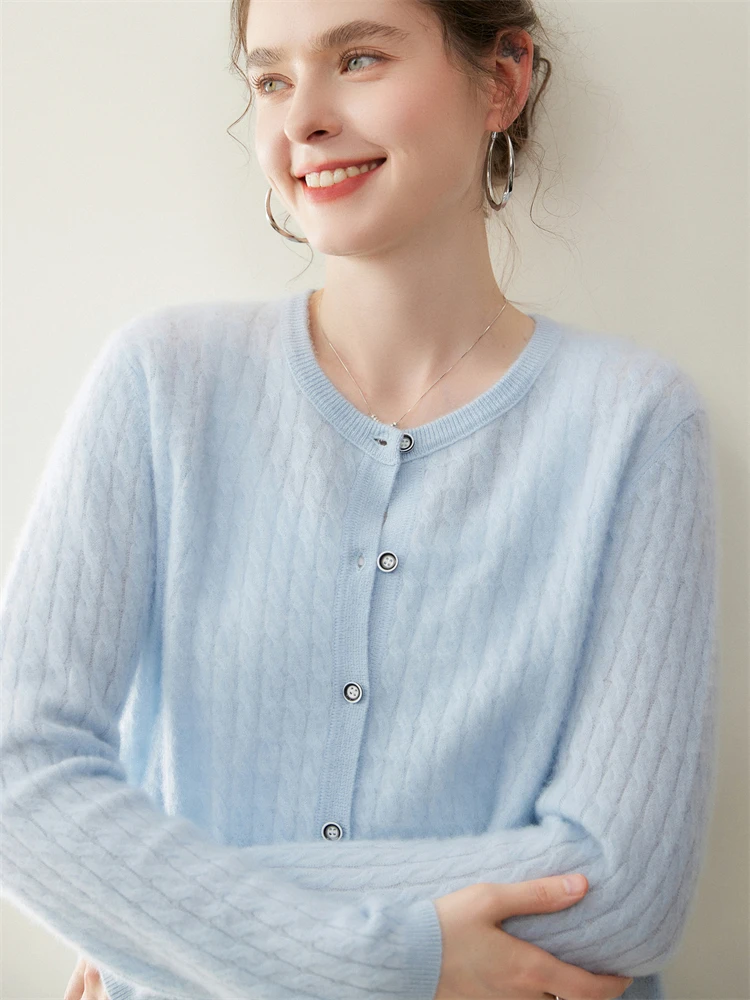 شيك س الرقبة زر الملتوية كابل سترة الخريف الشتاء المرأة نعمة مكتب سيدة سترة مشغولة من الصوف الفاخرة 100% الكشمير بلوزات جديدة