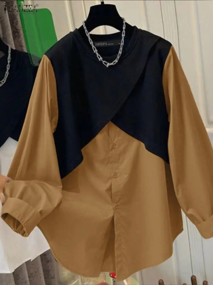 

Большие размеры ZANZEA, винтажная лоскутная женская рубашка, осенняя рубашка с длинными рукавами и пуговицами, модные топы, повседневная корейская свободная уличная одежда Blusa 5XL