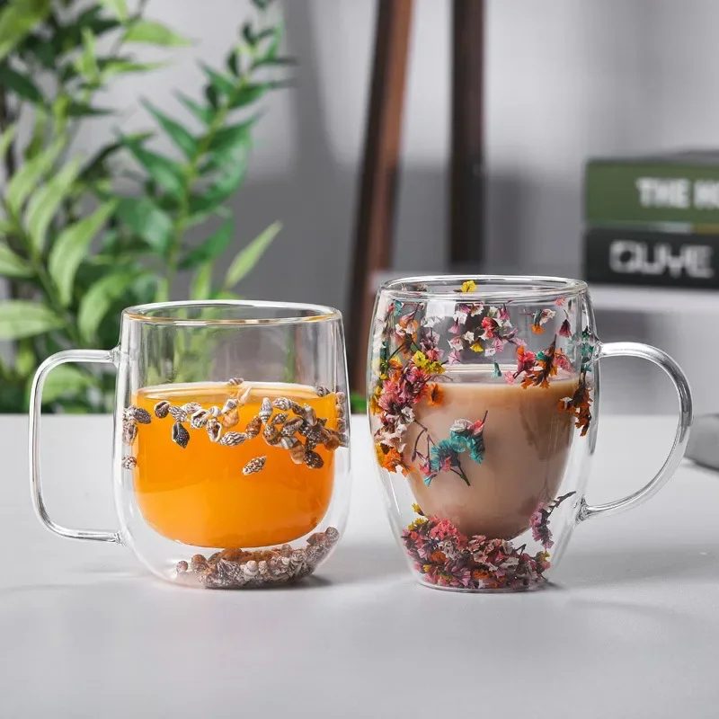 300/380ml Creative Double Wall Glass Mug Cup with Dry Flower Sea Snail Conchs Glitters Fillings for Coffee Juice Milk Gift Cup