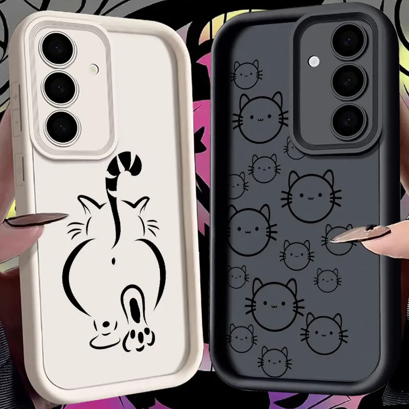 

Funny Cat Black Line Art Cats Phone Case For Samsung S26 S25 S24 S23 S21 S20 Ultra For Galaxy S25 S24 FE S26 Plus Silicone Cover