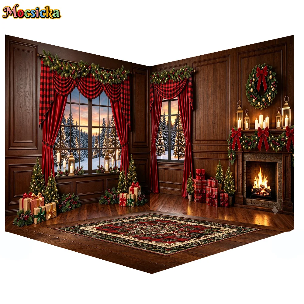 Mocsicka 3D Raumfotografie-Hintergrund Weihnachten Kamin Fenster Kranz Dekoration Familie Weihnachten Urlaub Party Porträt Studio-Requisite