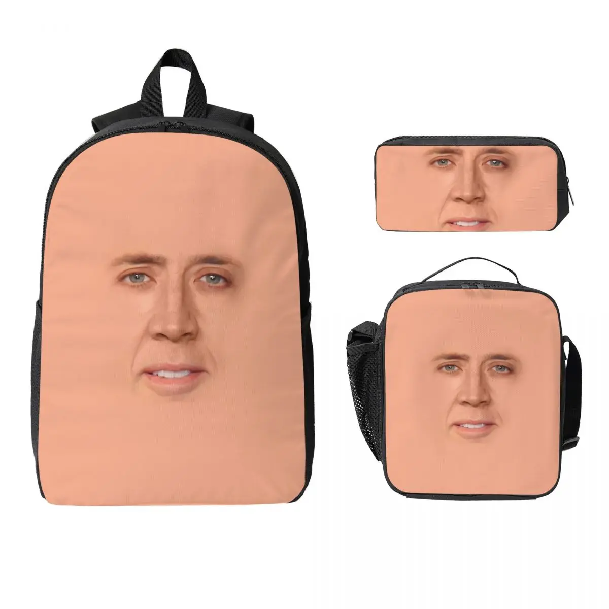 

Nicolas Cage - Face Backpack Student Boys Girls BookBag School Bag Computer Shoulder Bags 3ps Insulated Lunch Bag Pencil Case