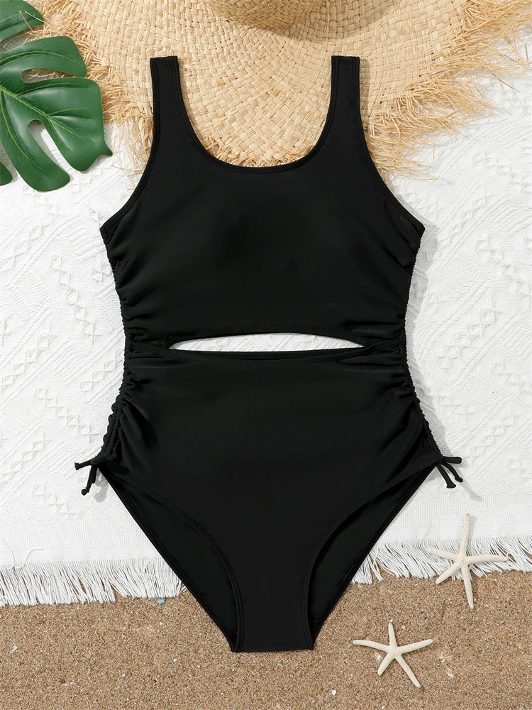 One Piece Girls Kids Swimsuit 2024 New Black Sling Hollow Out Children Swimwear Summer Bodysuit Beachwear Bathing Suit Swimming