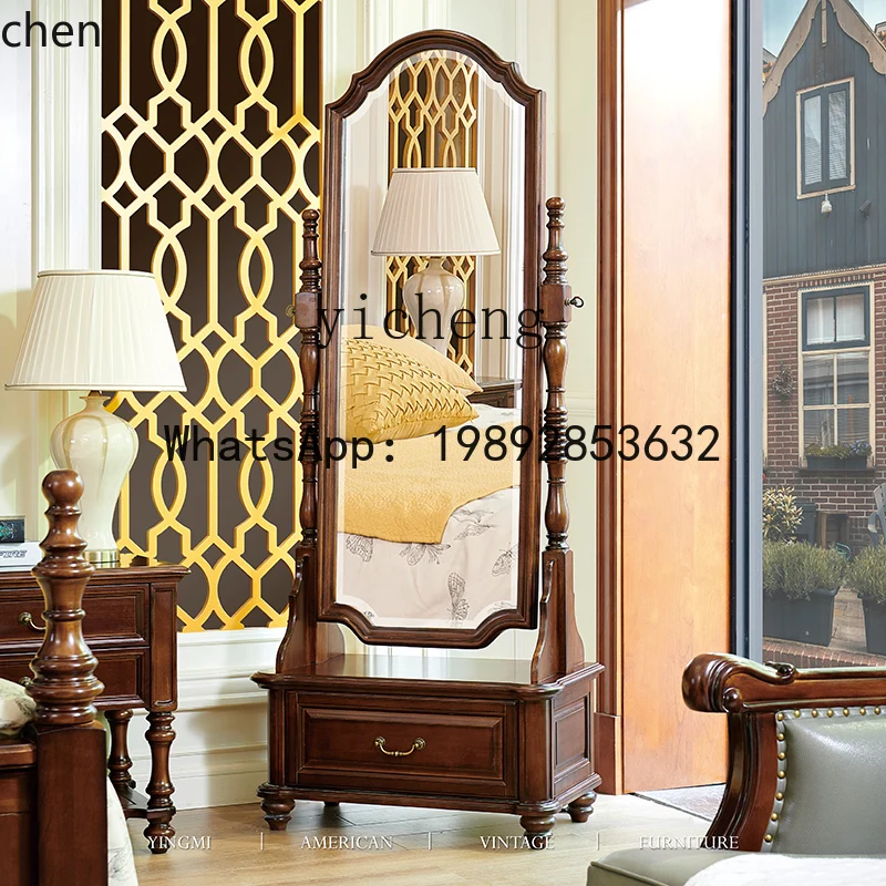 YFY  retro floor-to-ceiling all-solid wood fitting mirror with drawer master bedroom cloakroom full-body mirror