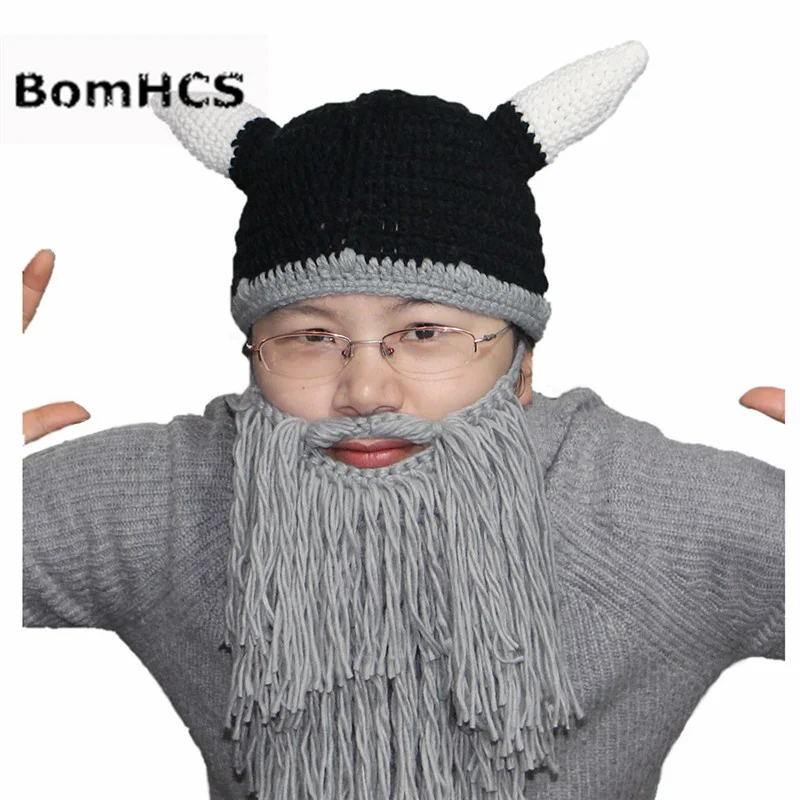 

BomHCS Funny Big Beard Horns Beanie Vikings Helmet Hat 100% Handmade Knitted Winter Thick Cap Christmas Halloween Gift