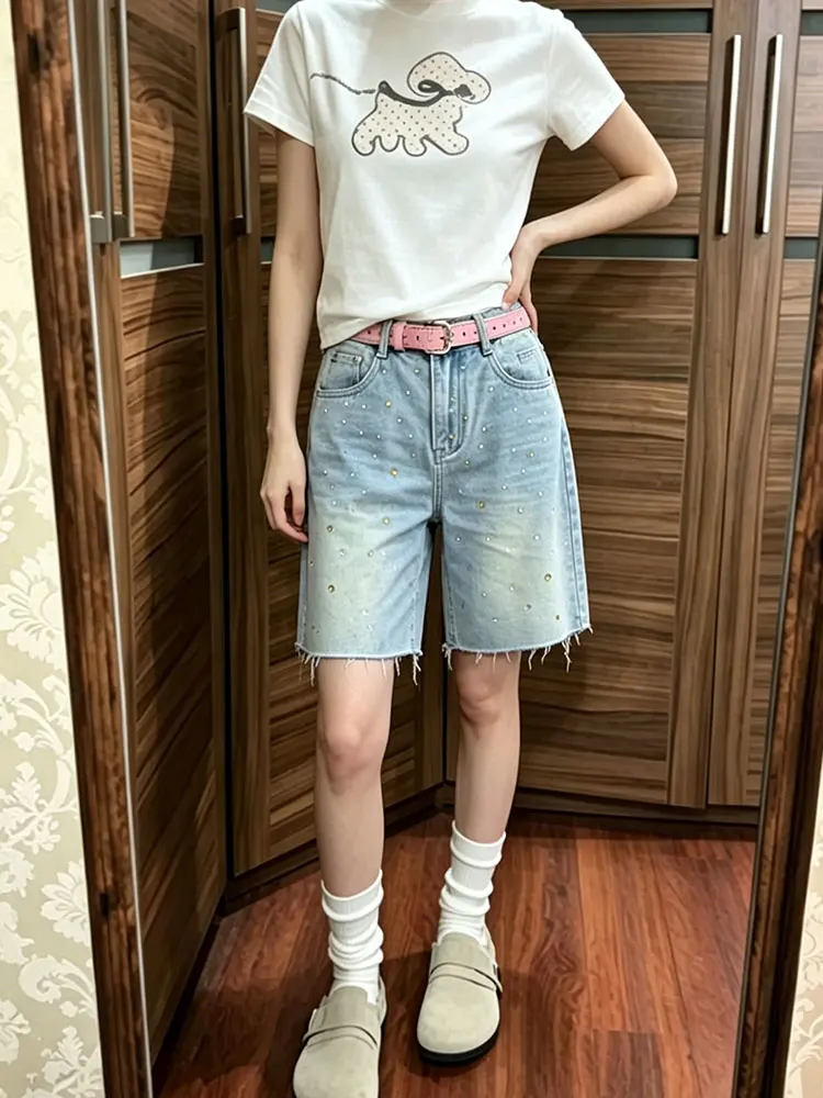 Retro  Rhinestone Denim Shorts Women's Summer New American Design Loose Wide Leg Slimming Five-Point Pants