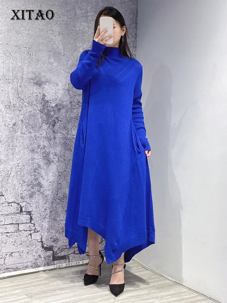 XITAO Knitting Dress Solid Color Casual Long Sleeve Turtleneck Pullover Women Sweater Dress 2023 Spring Autumn All-match WMD3457