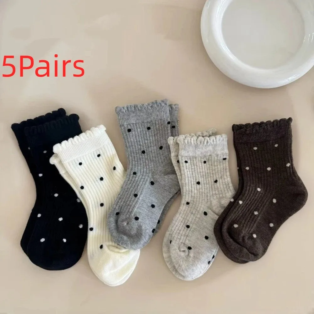 5Pairs/set Soft Cotton Mid-Calf Crew Socks Loose Cuff Ruffle Frill Design Cotton Ruffle Socks Fall Winter Weight 5 Pairs Set