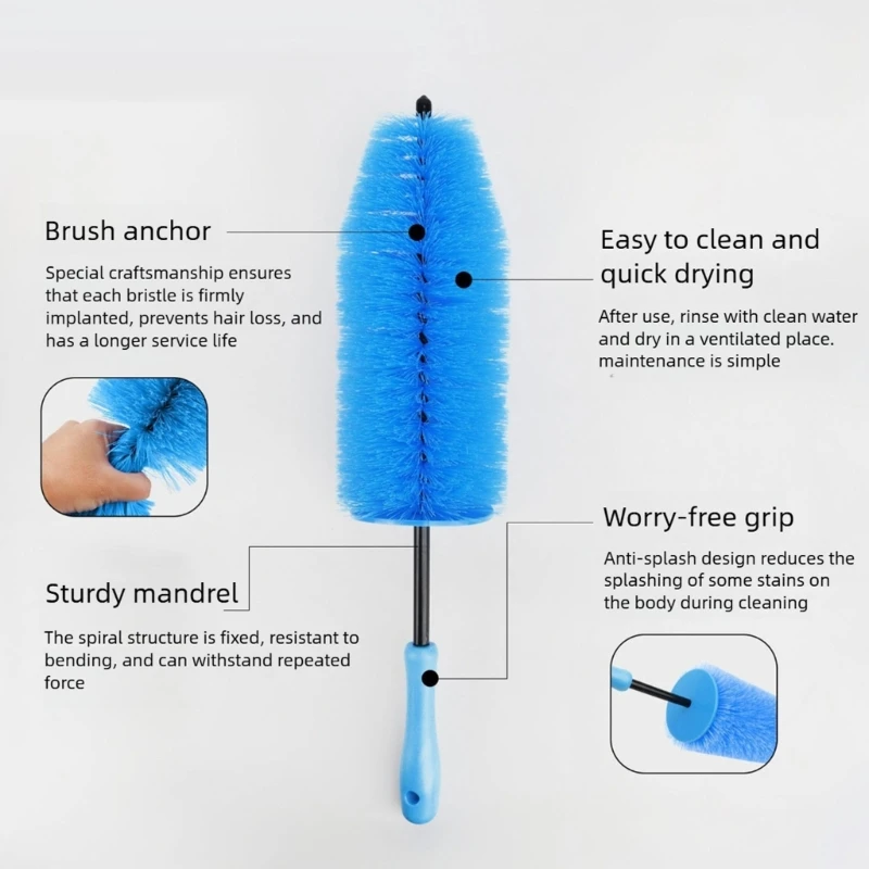 Long Handle Wheel Cleaning Brush with Soft Dense Bristles and Tapered Head for Wheel Face and Spoke Cleaning Daily 68UF