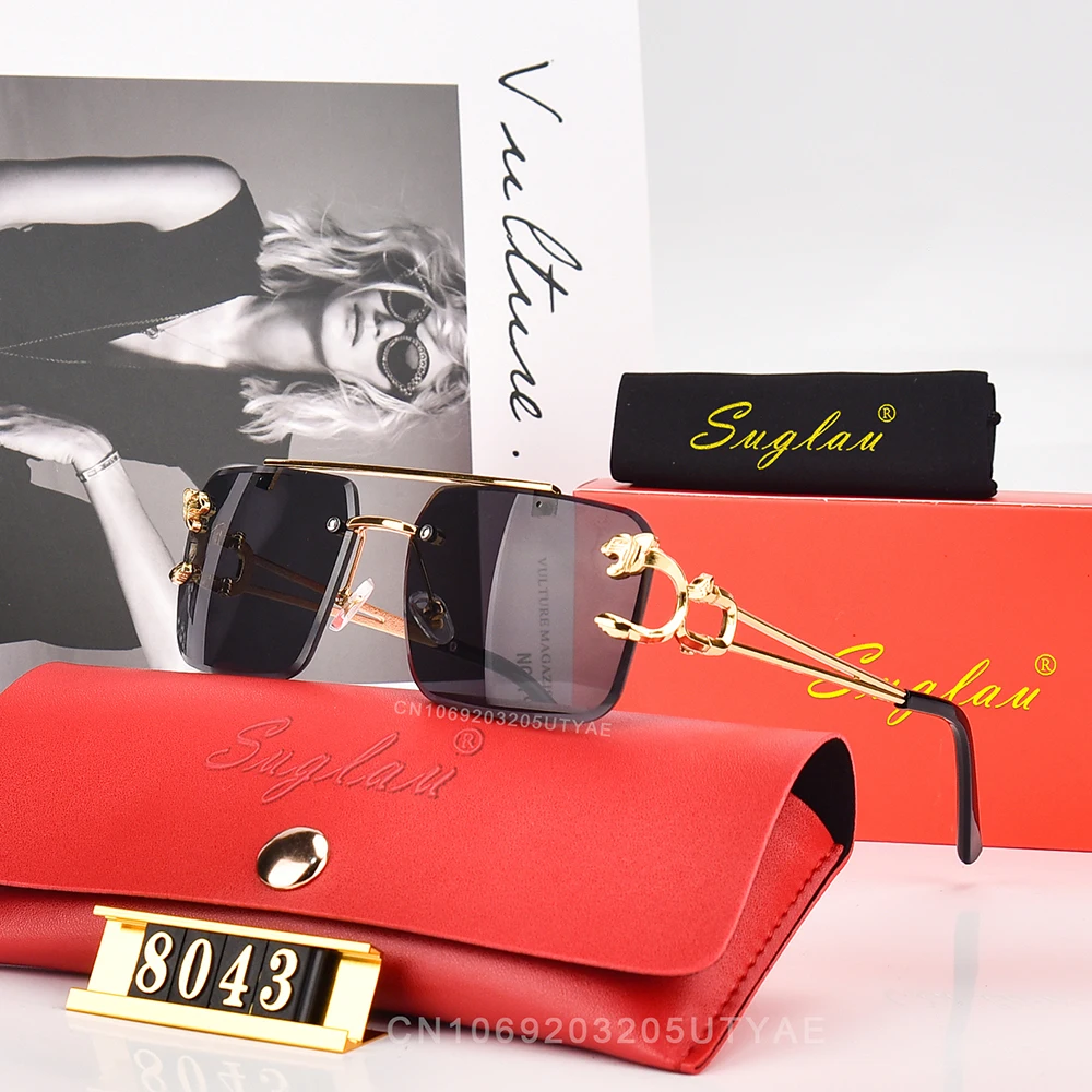 SUGLAU American Luxury Brand Women\'s Sunglasses Fashion Leopard Head Ultra Light Frame Metal Square Gradient Sun Glasses UV400