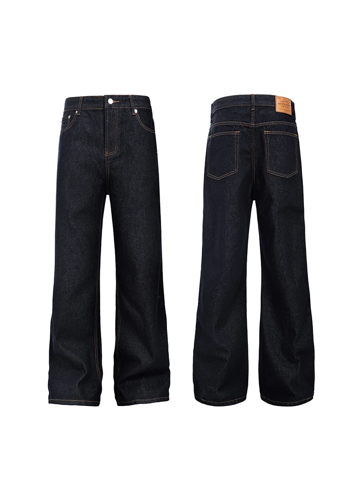 

Cleanfit American High Street Vintage Loose Fit Straight Leg Deep Blue Denim Original Jeans Men Casual Wide Leg Long Pants