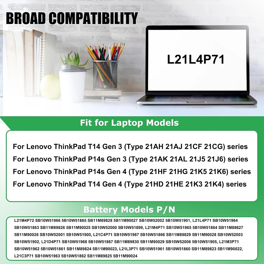 L21M4P72 L21L4P71 Battery for Lenovo ThinkPad T14 P14s Gen 3 Gen 4 SB10W51966 5B10W51865 L21M4P71 L21C4P71 L21D4P71 L21M3P71