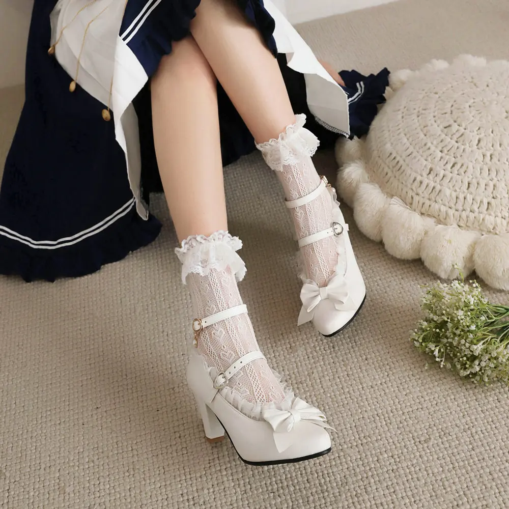 Wedding Shoes for Bride Closed Toe Bridal Dress Spike Heel Pumps Girls Lolita Cosplay Party Mary Jane Lace Edge Red Plus Size