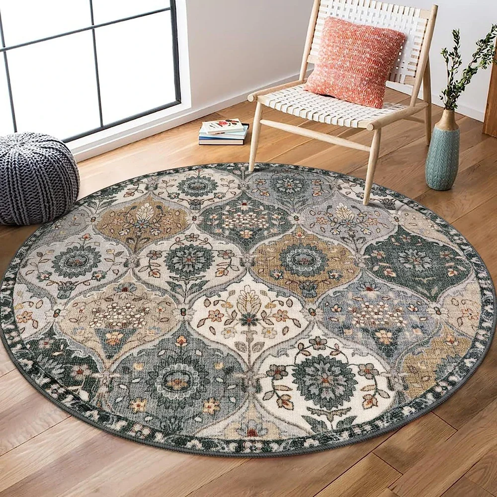 Bohemian Round Carpet for Living Room Bedroom Anti Slip Super Soft Area Rug Meeting Room Kid Room Vintage Foldable Floor Mat