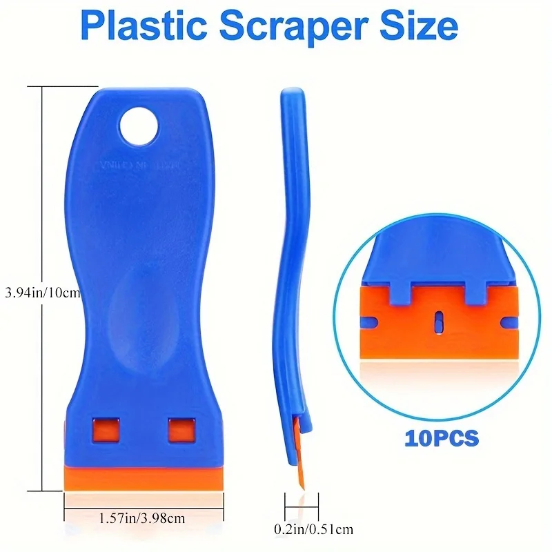 Set Of 11 Shawty Plastic Razor Blade Scrapers: 10PCS Blades & Contoured Grip for Sticker, Decal, Adhesive, Label, Paint, Glass