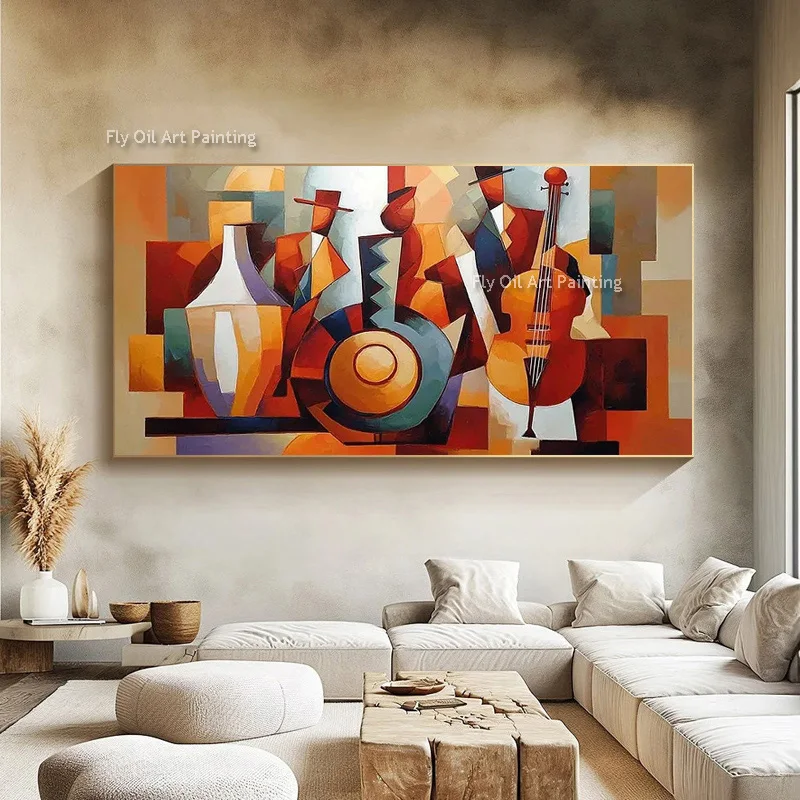 Large Multi‑color Knife Thick Canvas Cubism Oil Painting Hand Painted Musical Still Life Artwork Home Decor Items