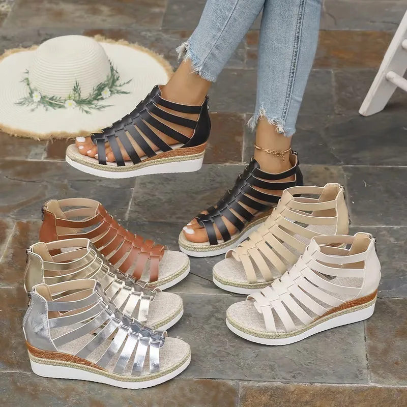 

Women's Sandals Fashion Handmade Leather Hollow Out Sandal Summer Open Toe Ankle Cool Boots Women's Wedge Platform Roman Sandals
