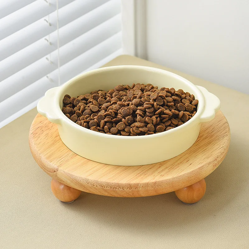 

400ml Cat Food Water Bowl Double Pet Ceramic Bowls with Wooden Stand Small Dogs Drinking Eating Basin Plate Pet Supplies